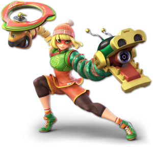 Female video game character with a green shirt and robot gun arms
