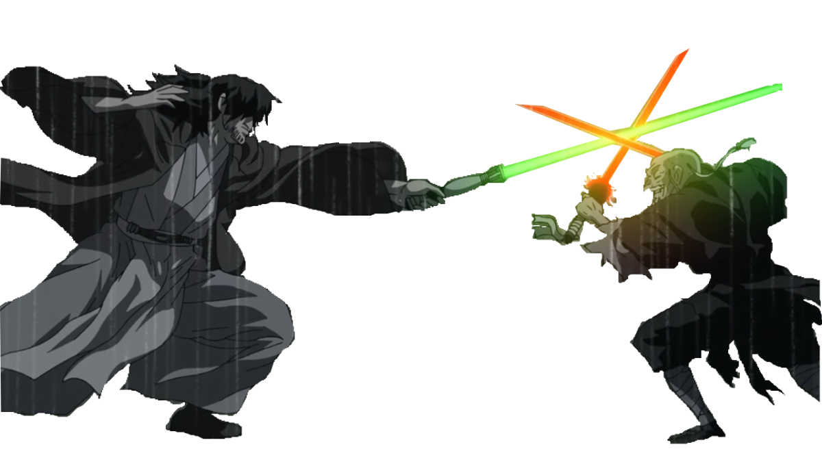 Two animated characters sword fighting
