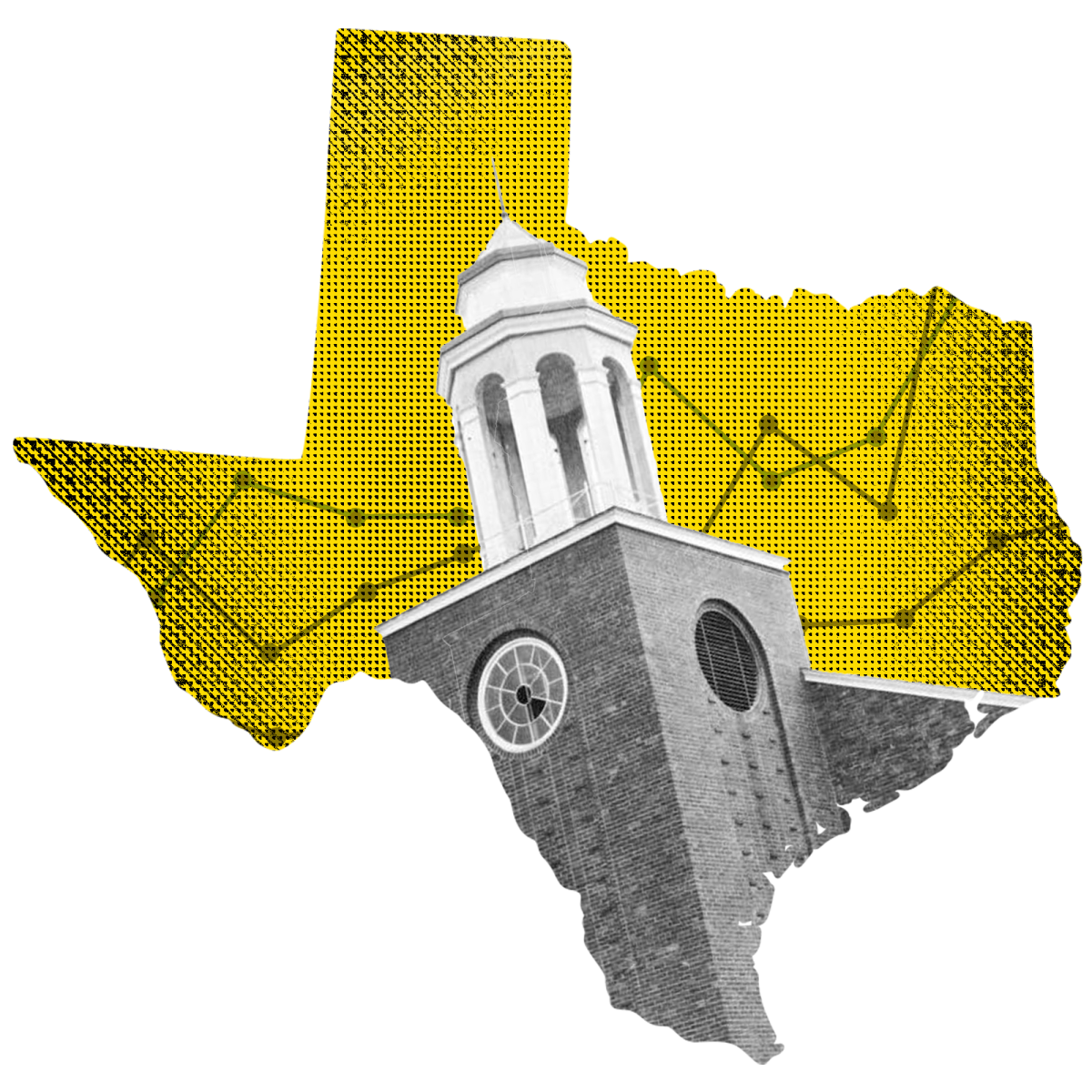 TJC bell tower graphically placed inside Texas cutout