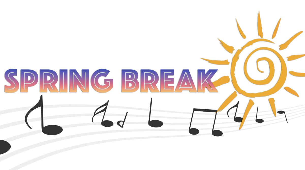 graphic of a sun with music notes that says spring break