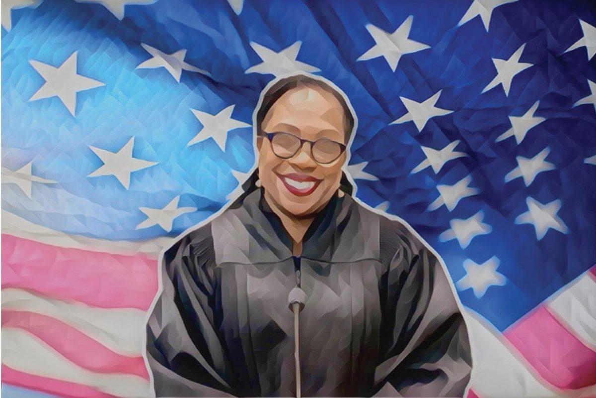 Graphic illustration of Jackson infront of us flag