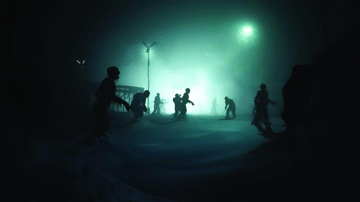 A photo of zomibes at night with green hazy light.