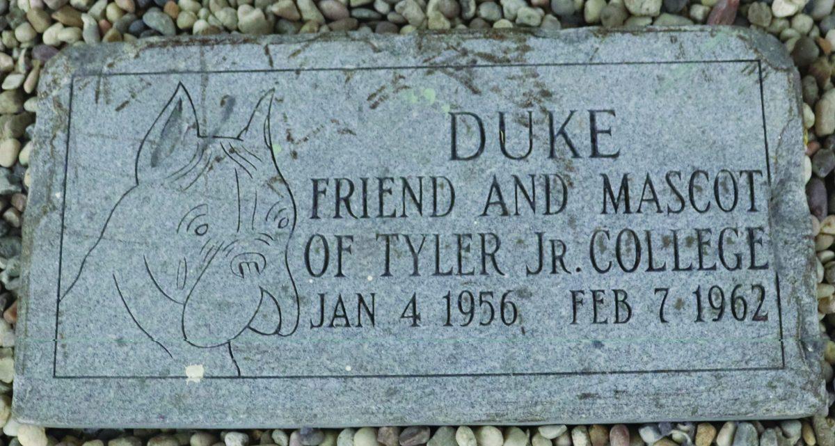 Duke's headstone cementing his life sits inside the entrance of the Vaughn Library. Duke's funeral was held in 1962
by the TJC campus community. Photo by Britton McCool. 