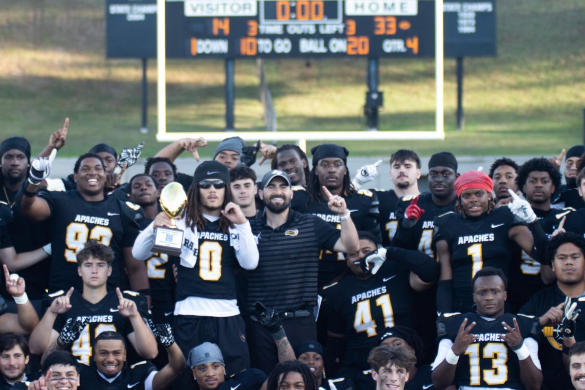 The TJC Apaches taking a group photo in celebration of their win. Although TJC won the championship for the SWJCFC, their run is not over and they advance to the semi finals in Iowa.