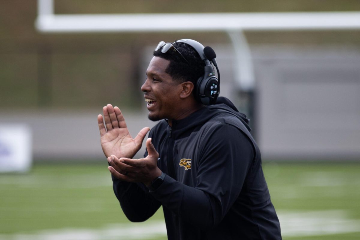 Photo by Ian Frye. Assistant Coach Terrance Louis celebrating TJC's first touchdown of the game. Louis is one of TJC's assistant coaches. Photo taken on November 1, 2025.